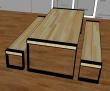 Dessin projet d'une table de salle à manger avec banc à réaliser en plat acier 100x10, plateau de table et assise de banc issu de madrier en chêne massif épaisseur 75mm.